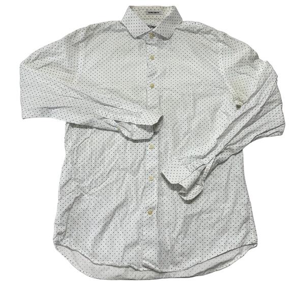 Express Men Button Up Shirt L Green White Polka Dots Cotton Extra Slim Fit FLAW - Picture 1 of 10